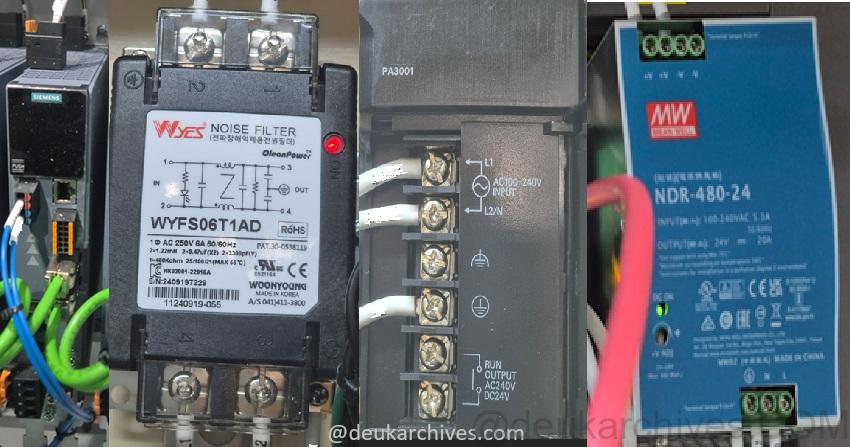 A composite image showing grounding points for industrial automation components including a Siemens Servo Drive, WoonYoung Noise Filter, Omron PLC Power Supply (PA3001), and Mean Well SMPS (NDR-480-24) in a control panel.