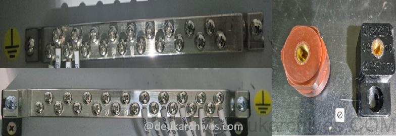 Standard PE (Protective Earth) busbar mounted on frame and Isolated SE (Signal Earth) busbar with Insulator for noise control.