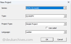 GX Works2 New Project 화면에서 Q13UDPV CPU 모델을 선택하는 예시