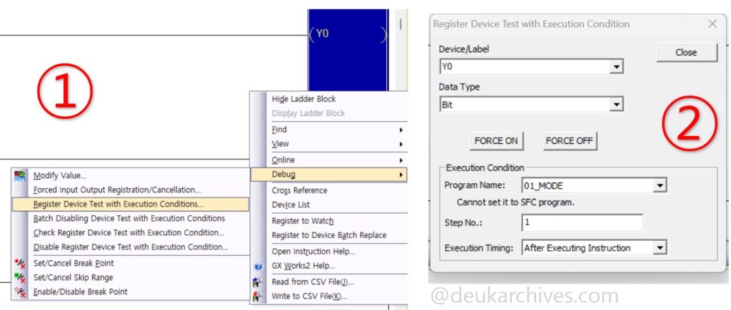 mitsubishi plc gx works2 device test force on off Y output debug menu