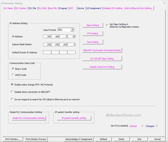 GX Works2 Built-in Ethernet Port Setting 화면에서 IP 주소와 Enable Online Change를 설정하는 예시