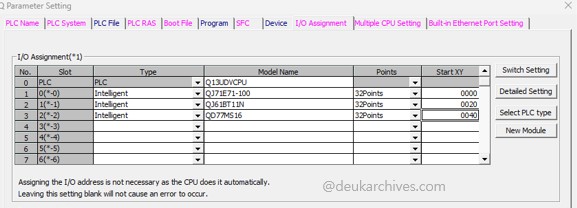 GX Works2 I/O Assignment 탭에서 CPU와 모듈 슬롯 구성을 설정하는 화면
