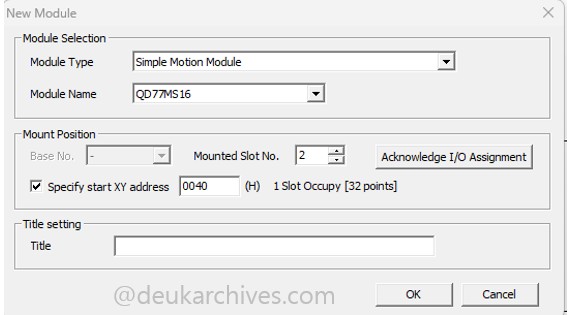 GX Works2 프로젝트 트리에서 Intelligent Function Module의 New Module 설정 창에 QD77MS16과 Start XY가 입력된 화면