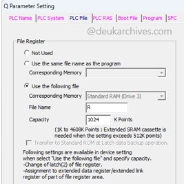 GX Works2 PLC File 탭에서 R File Register 용량 1024K를 설정하는 화면
