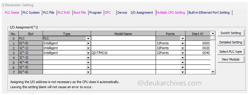 GX Works2 PLC Parameter의 I/O Assignment 화면에서 QD77MS16 Simple Motion Module이 슬롯 위치에 등록된 설정 화면