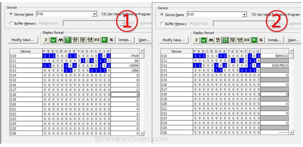 미쓰비시 PLC GX Works에서 Display Format 설정에 따라 동일한 D메모리 값이 음수 또는 정상 정수로 다르게 표시되는 예시