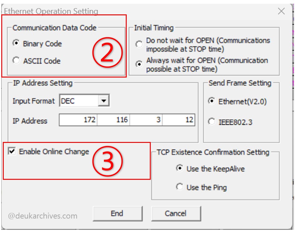 미쓰비시 PLC Ethernet Operation Setting 화면에서 Binary Code와 Enable Online Change 위치를 표시한 이미지
