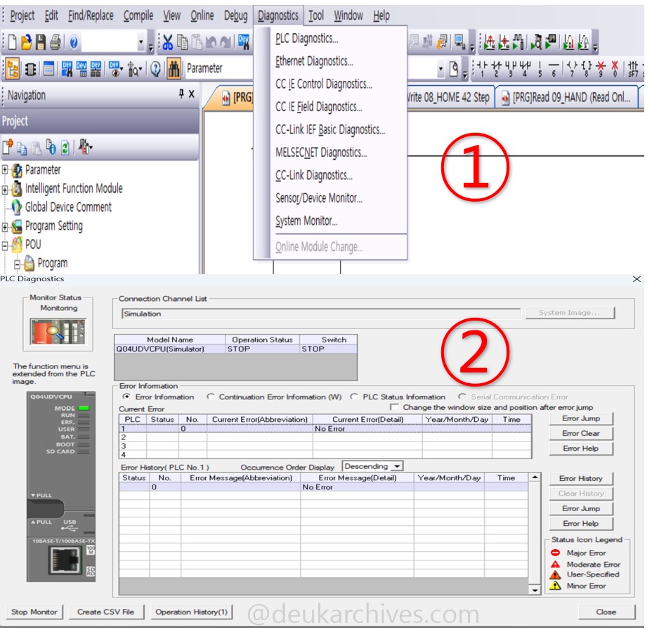 gx works2 plc diagnostics menu run stop error status screen