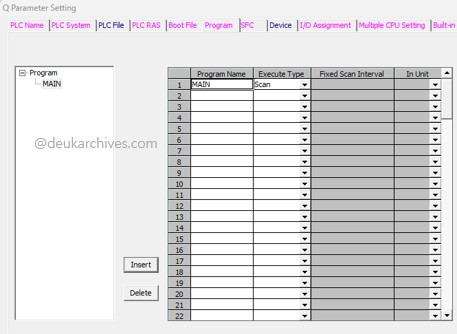 GX Works2 Program 탭에서 프로그램을 Insert 등록하는 화면